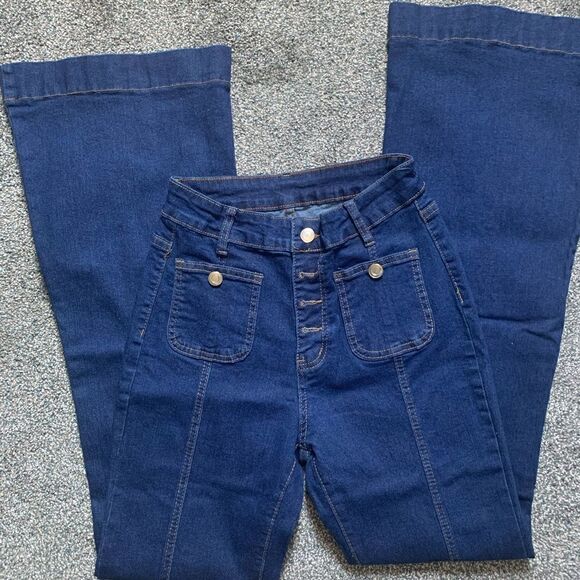 High Waist Patchwork Bell Bottom Jeans Multi Button Fly Stretchy Wide Leg - Picture 4 of 7